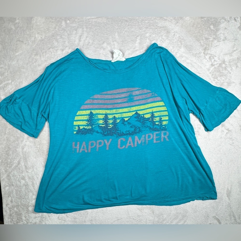 Fantastic Fawn Happy Camper Teal Blue Ruffle Sleeve Lightweight Shirt Size M